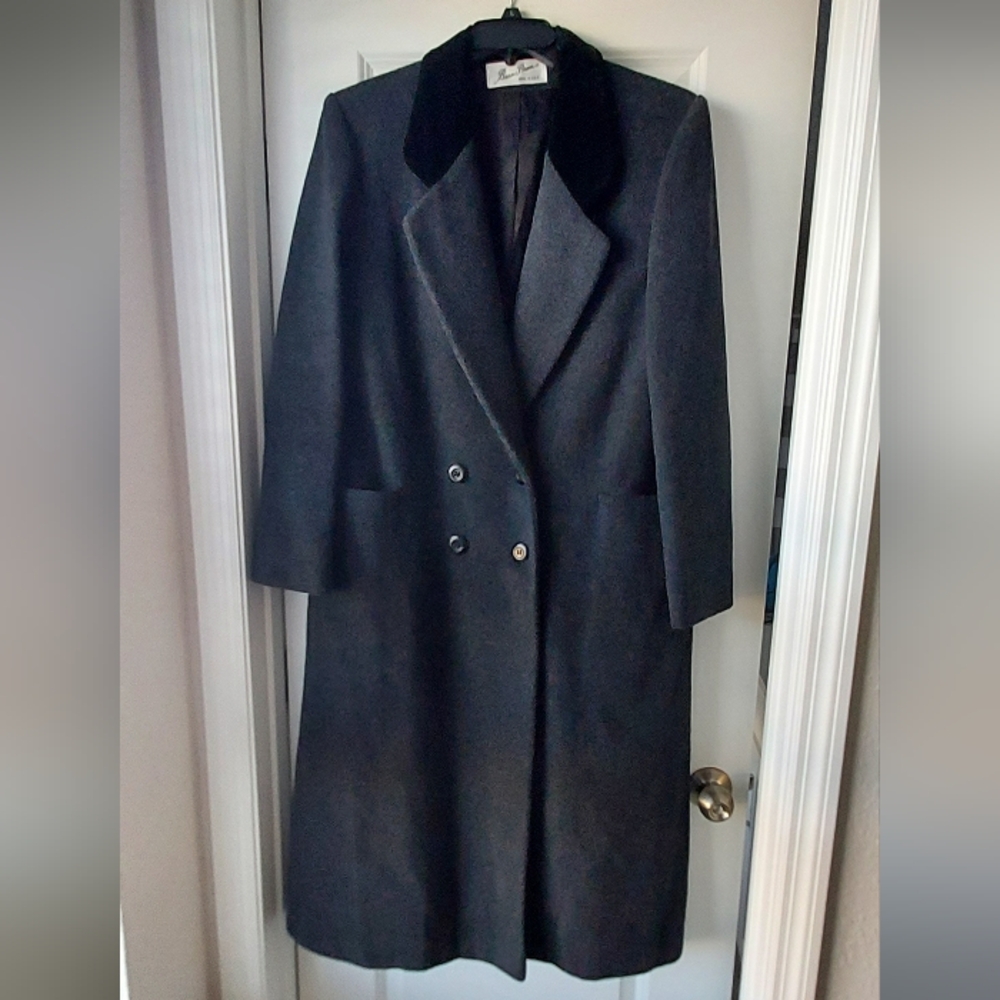 Beau Brem Wool Coat Gray Black Velvet Collar Double Breasted Size 16 USA Chic